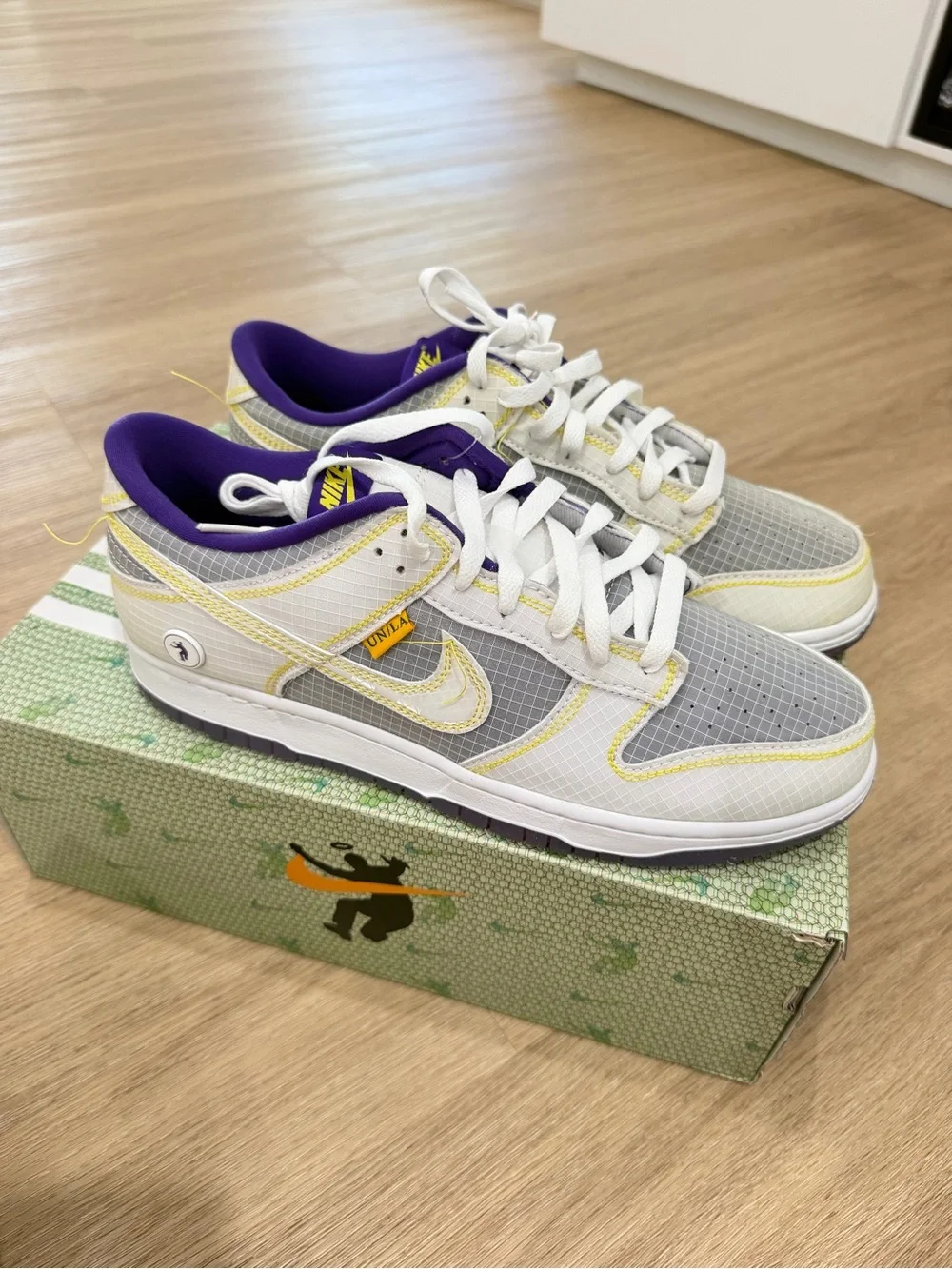 Nike men’s   Low-Top Sneakers — White, Gray & Purple with Yellow Accents